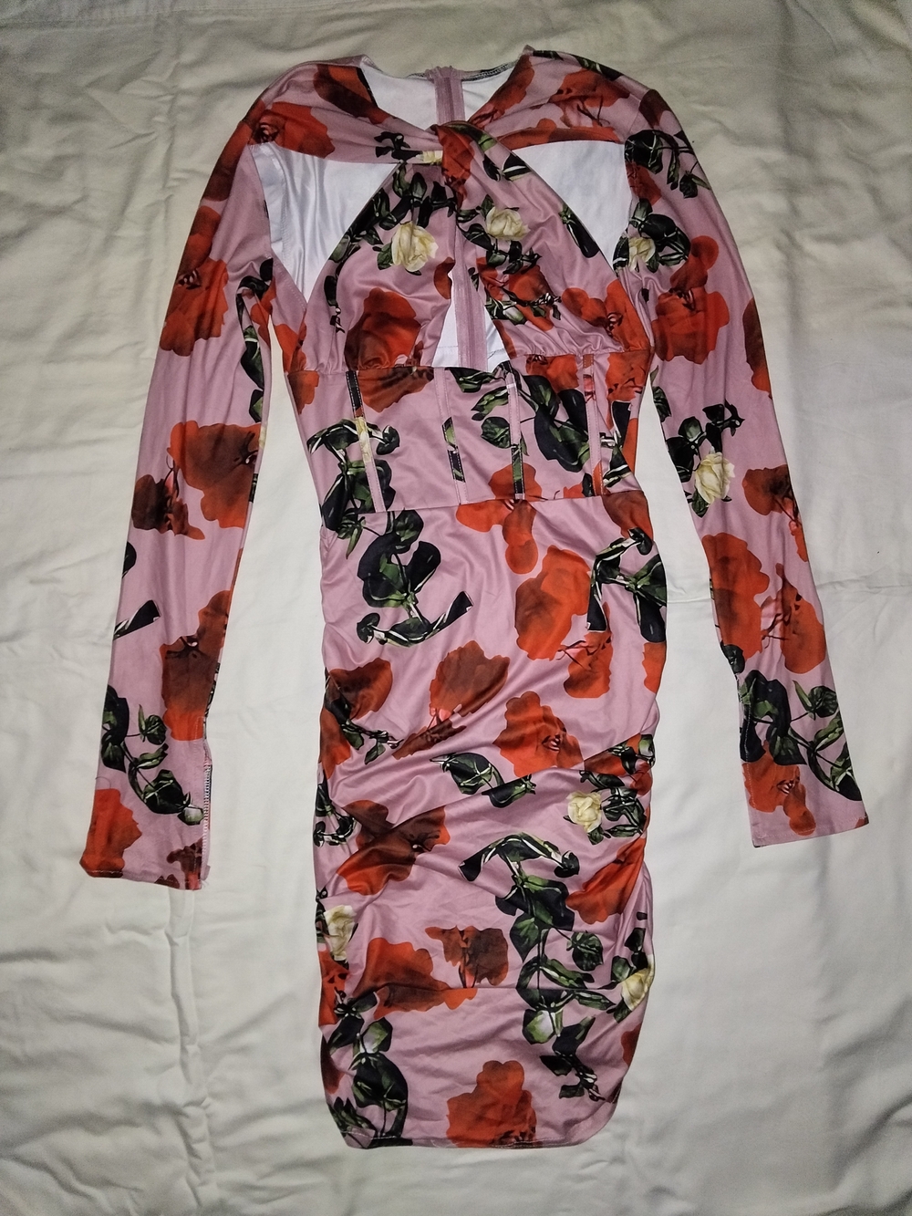 Floral Twist-Front Long Sleeve Bodycon Dress in Pink and Red